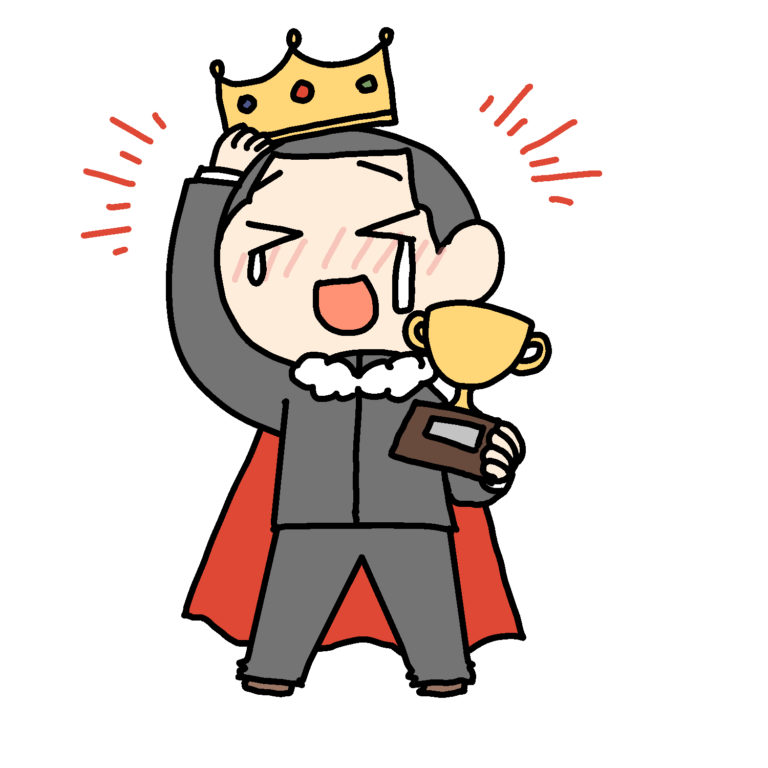 王冠をかぶりトロフィーを持つ泣き笑いの学生