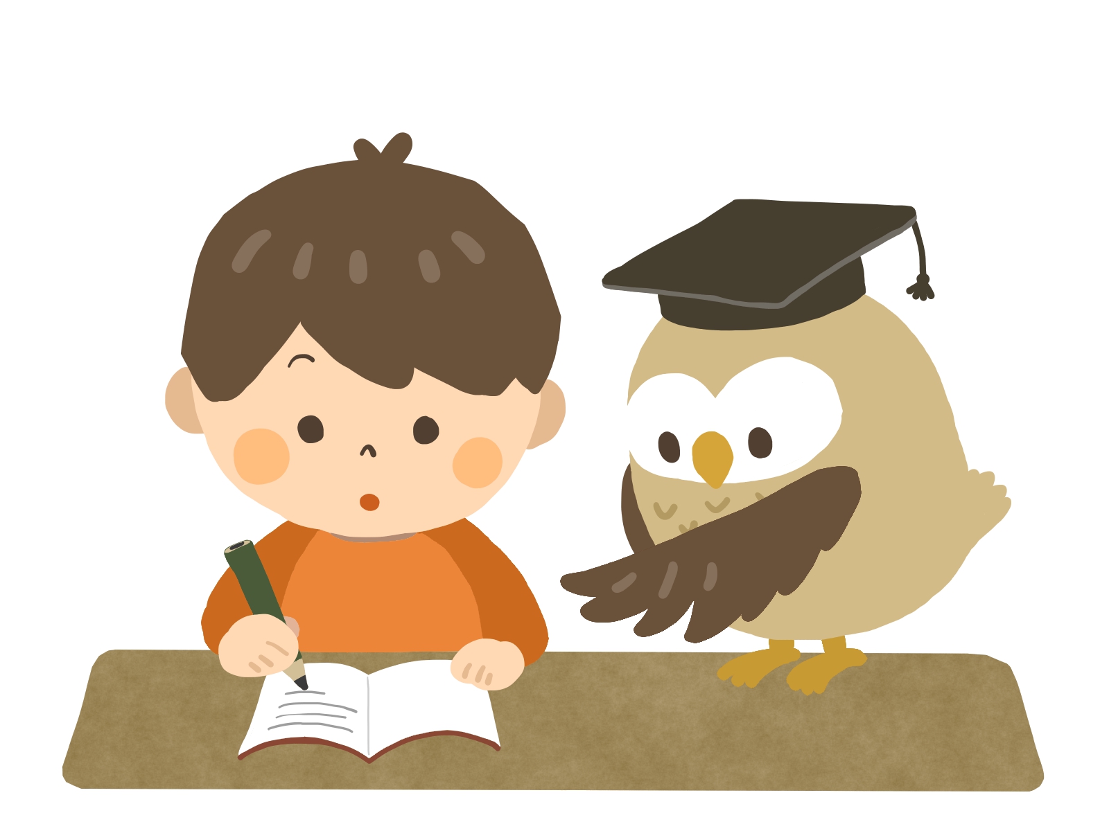 ノートに文字を書く子ども、フクロウ先生