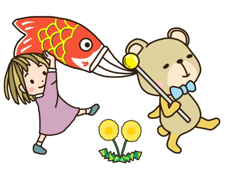 鯉のぼりを持ったクマとサポートする人。足元にタンポポ