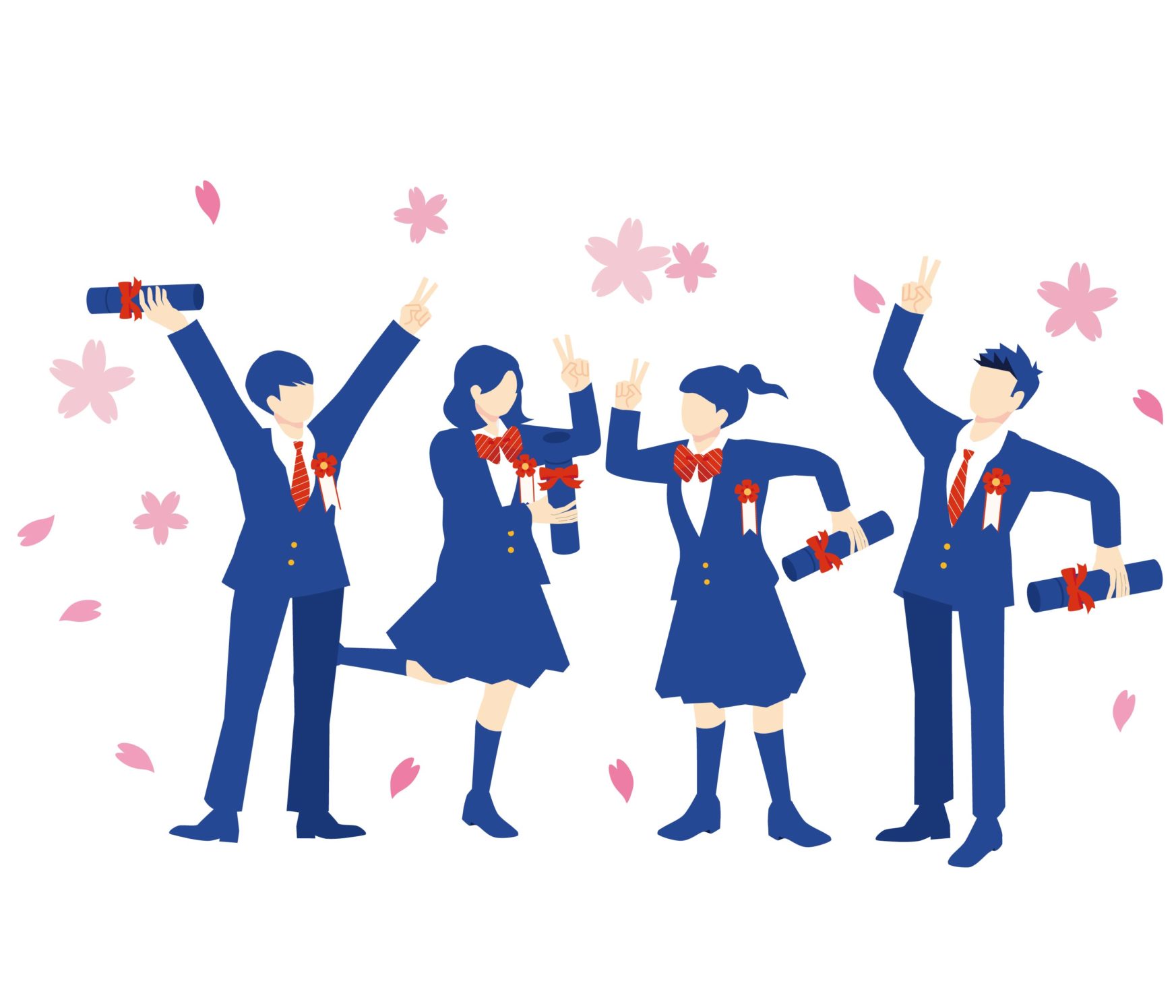 桜吹雪のなか卒業証書を手にする生徒たち