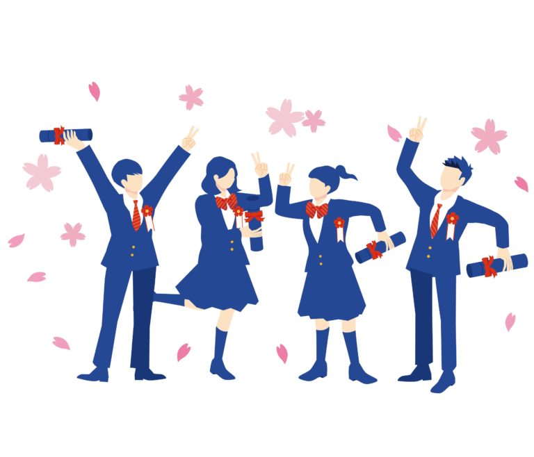 桜吹雪のなか卒業証書を手にする生徒たち