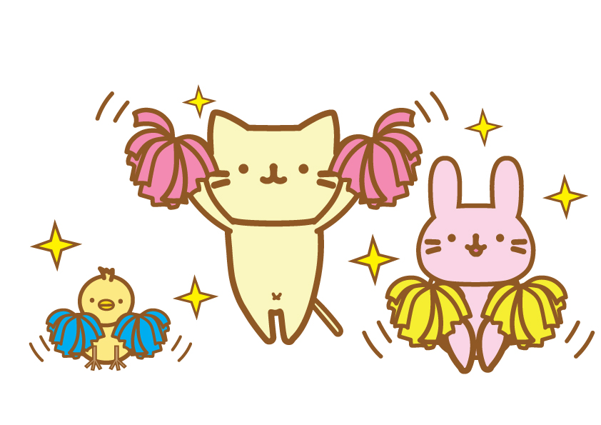 ポンポンを持って応援する猫ウサギ鳥