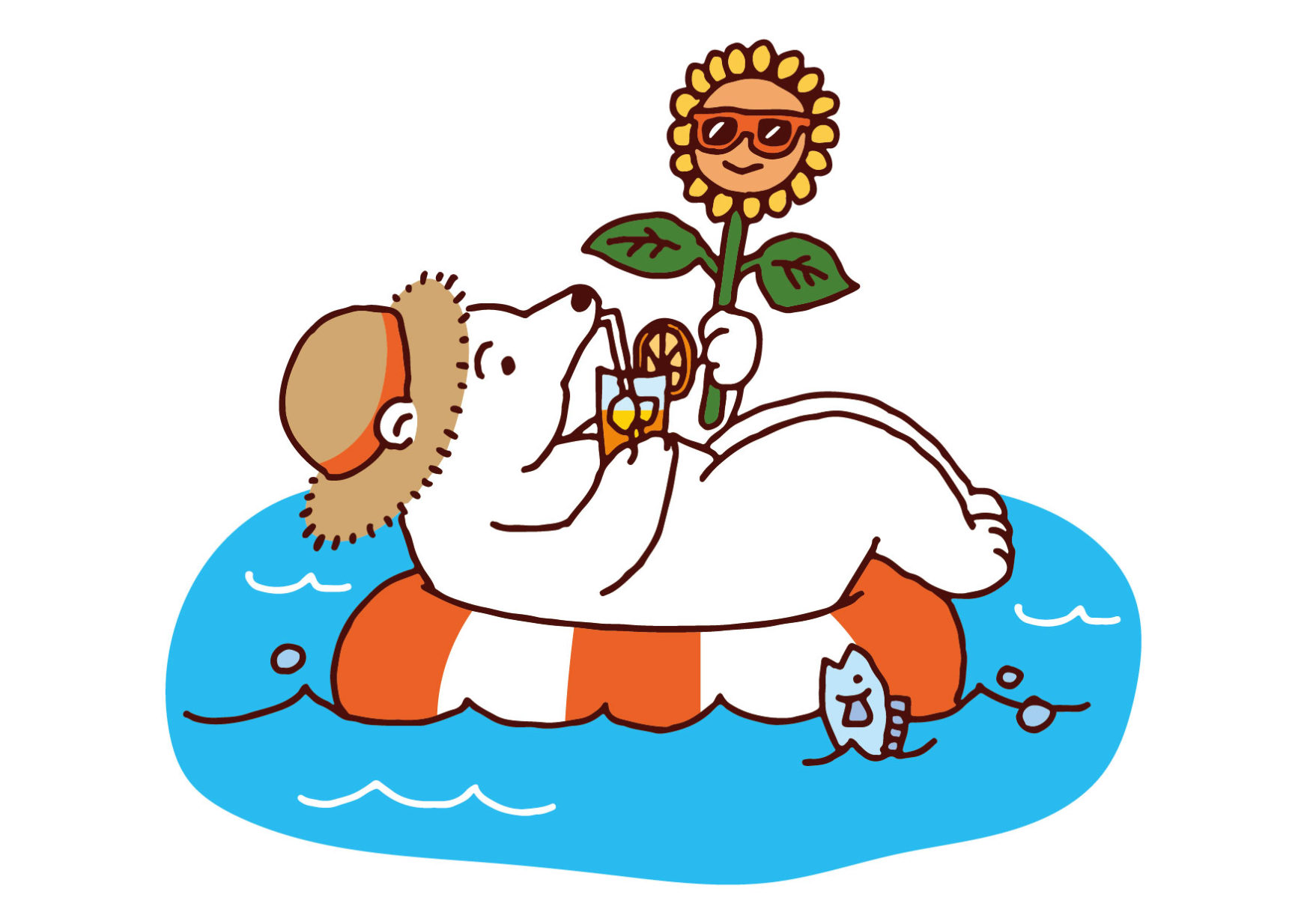 海に浮かびジュースを飲む白くま