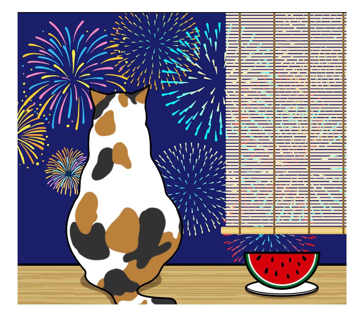 猫とスイカと花火