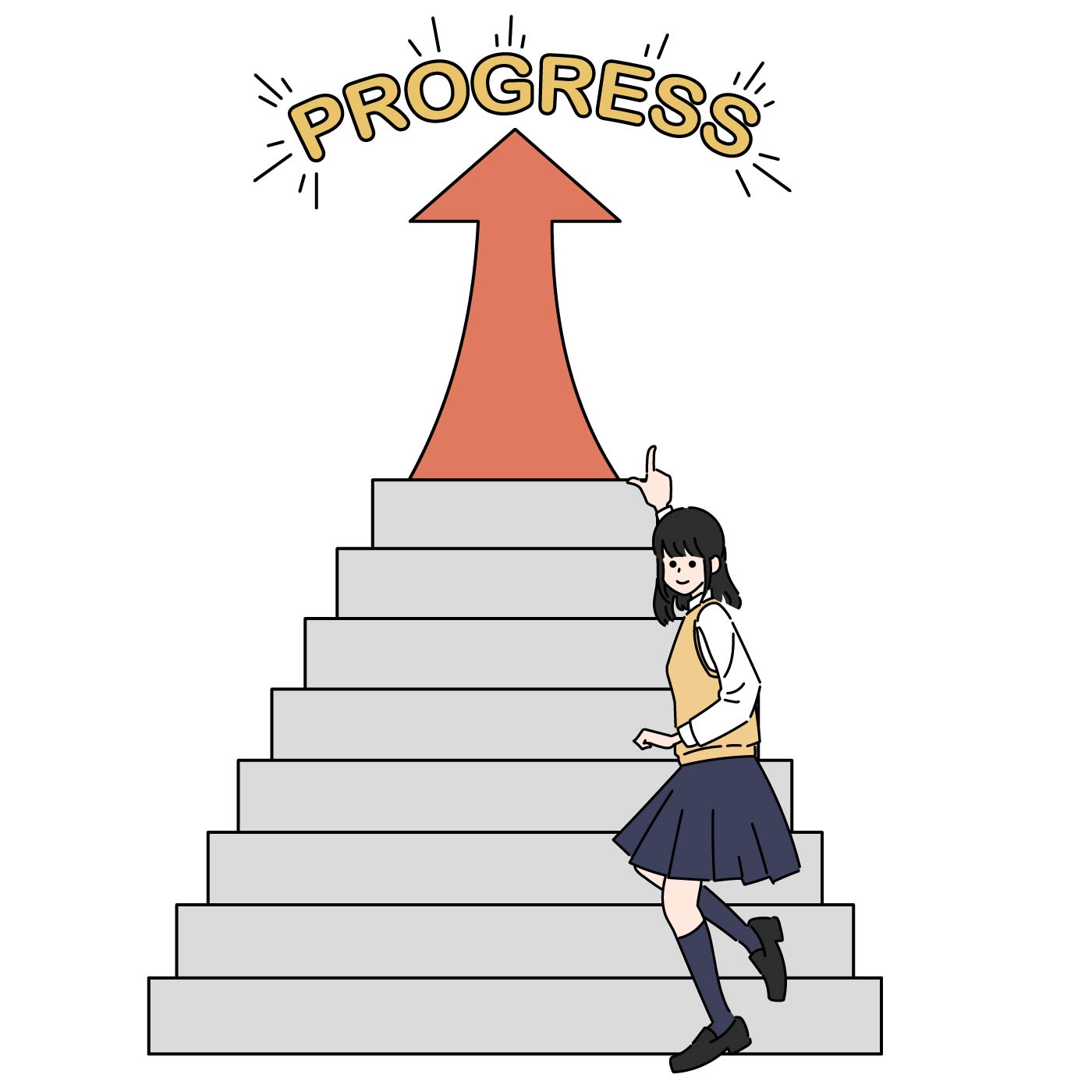 階段の上にプログレスの文字、指を差す女子生徒